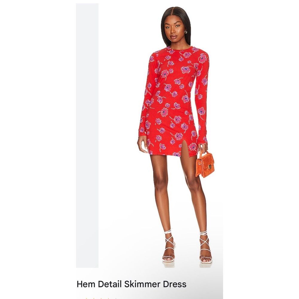 Sanctuary Red Floral Hem Detail Skimmer‎ Dress Long Sleeve Forget Me Nots L